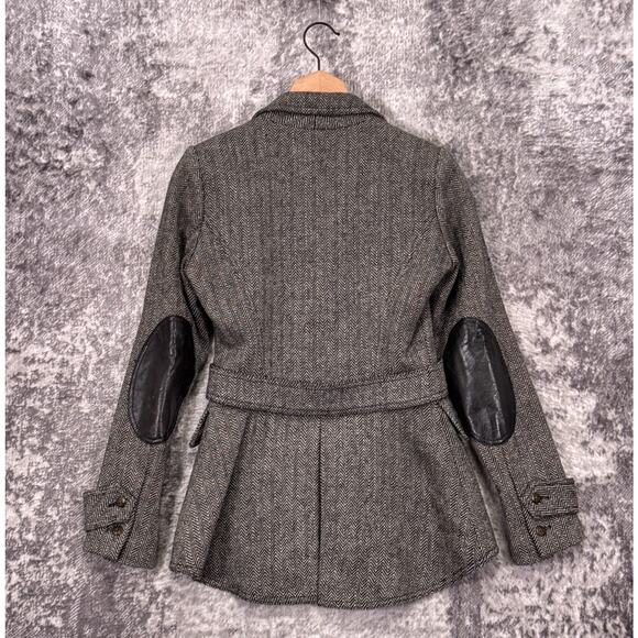 Smythe Tweed Blazer 4 Womens Gray Wool Herringbone Leather Elbow Patch Jacket - Picture 3 of 7